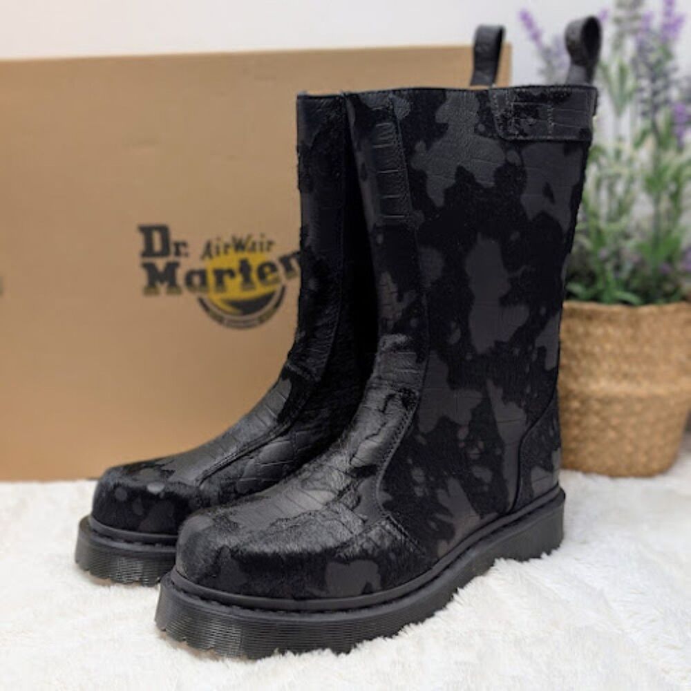 Dr. Martens Rejena Hair On Croc Emboss Black Leather Combat Boots UK 8 NIB